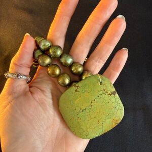 Artisan Necklace w/ Large Green Potato Pearls & HUGE Square Turquoise Pendant